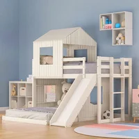 Floor Bunk Beds with Slide, Wooden Twin Over Full Bunk Beds with Slide, Roof and Guard Rail for Kids, Teens, No Box Spring Neede 2