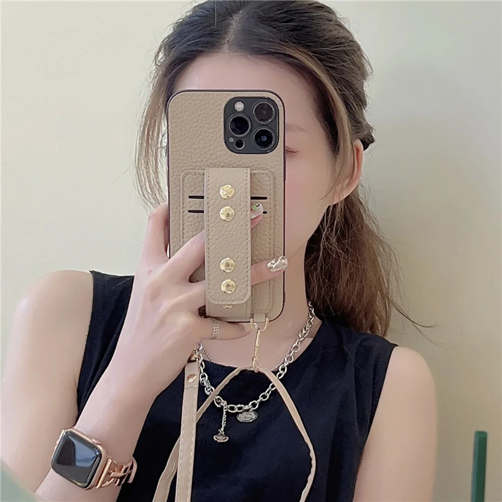 

High Quality Rivet Diagonal Wrist Strap Slot Leather Phone Case For iPhone 13 12 11 Pro Max Mini X XR XS 7 8 SE Lanyard Cover