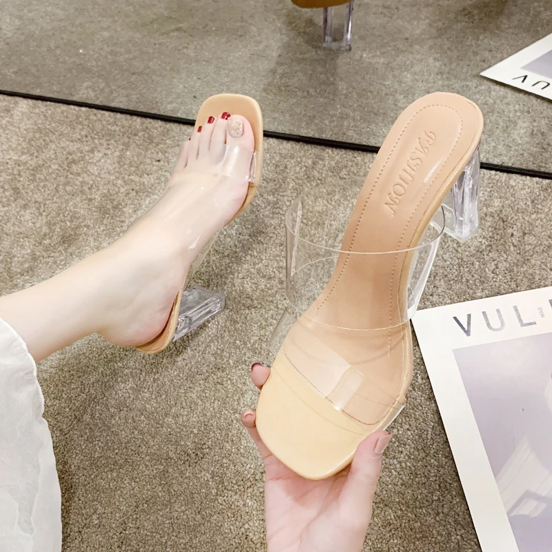 

New Sheer High Heels Women's Square Toe Sandals Summer Women's Sheer High Heels Wedding Jelly Booty Damskie High Heels Slippers