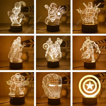 디즈니 마블 야간 조명 3D 아이언맨 스파이더맨 헐크 데드풀 토르 액션 피규어 어벤져스 LED 램프 장식, 남자친구 선물