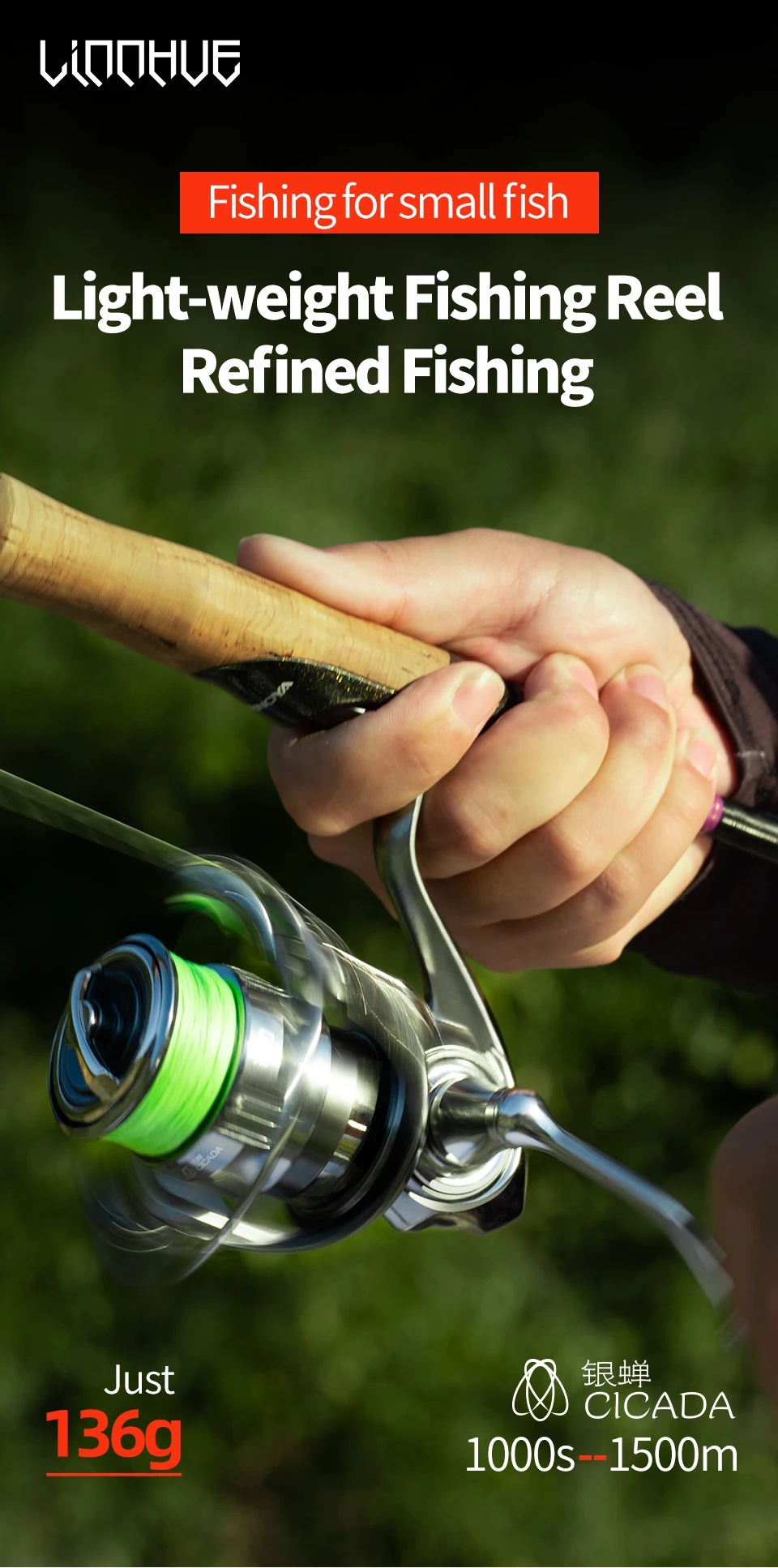Description Picture 4 of itemLINNHUE Fishing Reel Ultralight 136g CICADA1000 10BBS Screw in Handle Carbon Fiber Body Waterproof Spinning Reel Fishing Tool