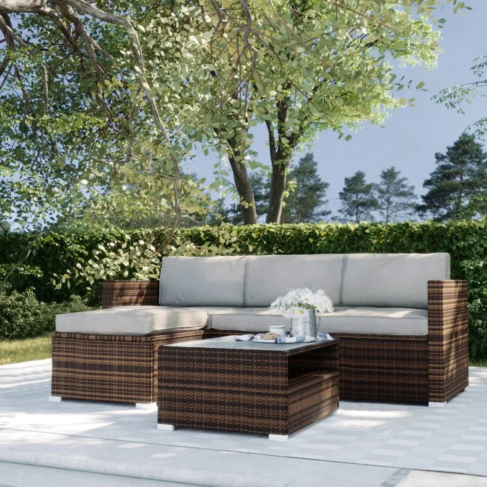 5-Piece Outdoor Sectional Furniture, Outdoor Furniture Set w Grey Cushions,Wicker Patio Furniture Patio Conversation Sets Wicker 2
