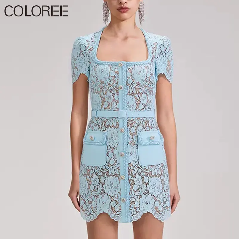 

High Quality Runway Designer Women Vintage Short Sleeve A-line Mini Summer Dress 2023 Light Blue Lace Dresses Vestido Feminino