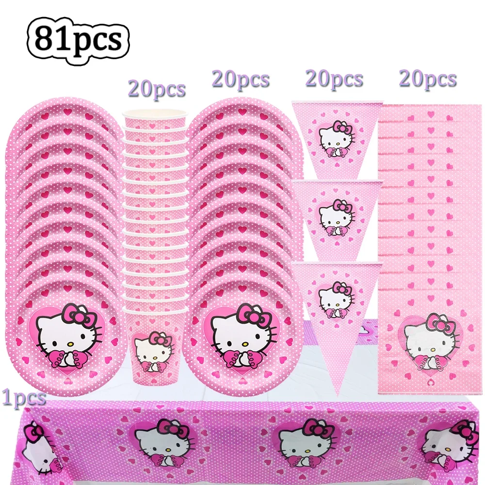 thumbnail image 1 of Suministros para fiestas de niñas con temática de Hello Kitty, vasos de papel, platos, manteles, pancartas para fiestas de cumpleaños infantiles, decoración para bodas, globos, 1 of 5