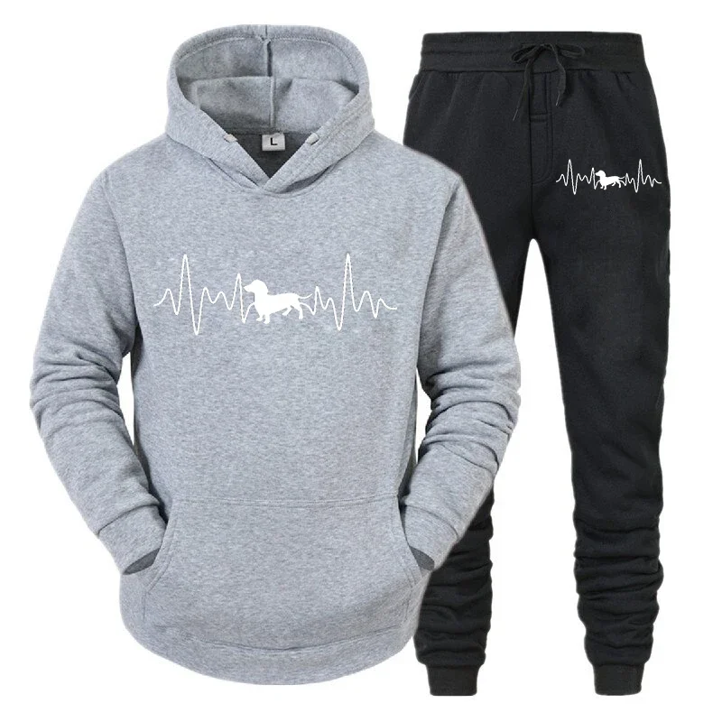 thumbnail image 1 of Conjunto de ropa deportiva con estampado de latidos del corazón de Dachshund para hombre, sudaderas con capucha y pantalones de manga larga a la moda, trajes de 2 piezas, chándales con diseño de perro, 1 of 4