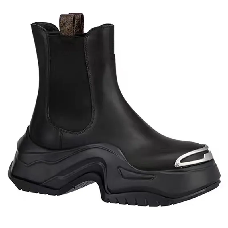 

Size 35-46 Metal Decorations Thick Platform Chelsea Boots Women Round Toe Slip-on Ankle Boots Men High Heels Flat Casual Shoes