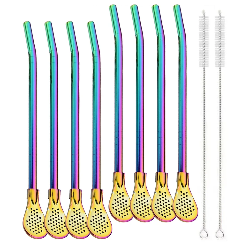 Silver Reusable Stainless Steel Filter Straws and Spoon Set for Cocktails and Tea (8 Pieces)