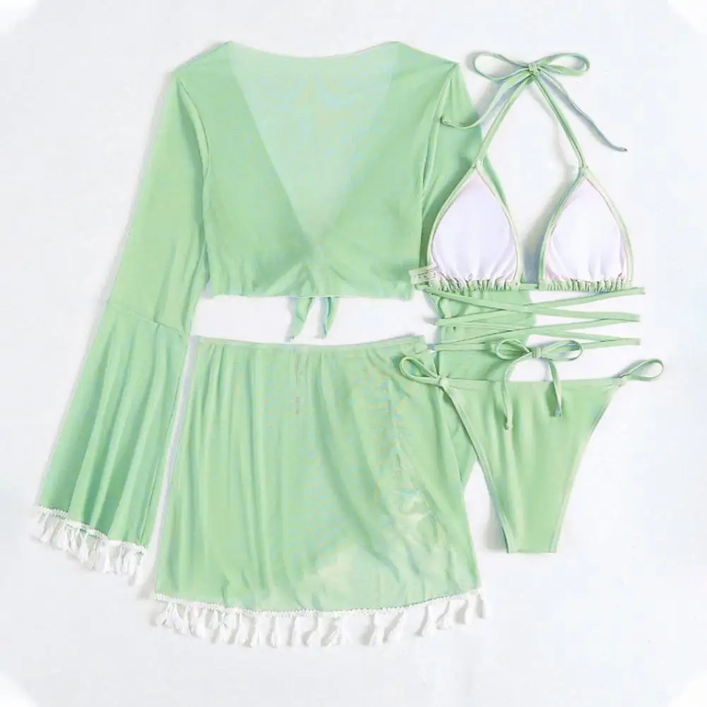 Women Swimsuit Stylish 4pcs Women's Bikini Set with Flared Sleeve Cover Up Halter Bra High Waist Skirt Solid Color for Beach - Image 2