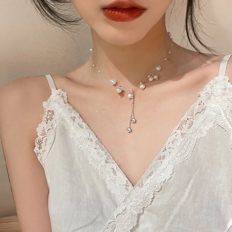 [韓国人気ジュエリー] nff cascade pearl necklace Cascade Layered Pearl Necklace and Earrings Set, Gold or