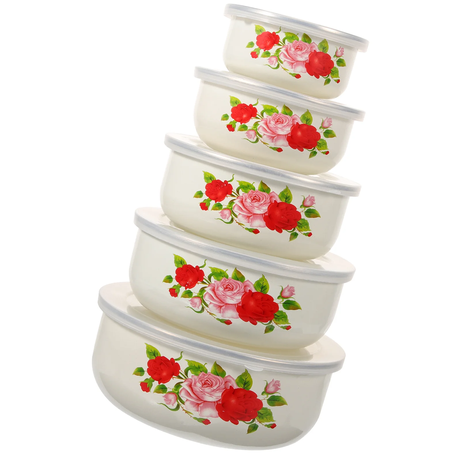 

Dish Sets Lids Set Enamel Basin Nesting Storage Fruit Cereal Ice Cream Salads Kitchen Serving