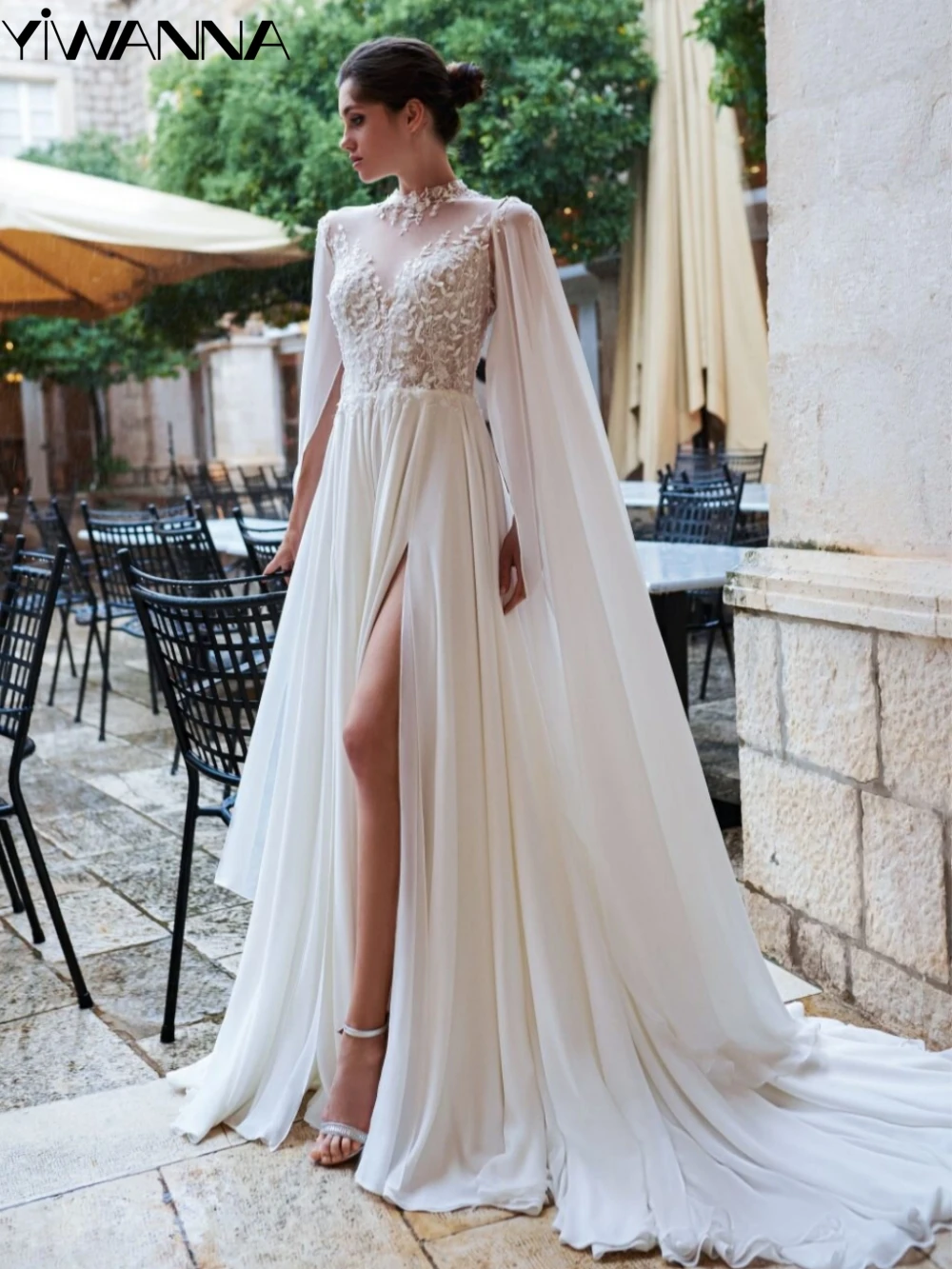 

Modest High Collar Wedding Dress Classic Lace Appliques Bride Robe 2024 Elegant A-line Chiffon Long Bridal Gown Robe De Mariée