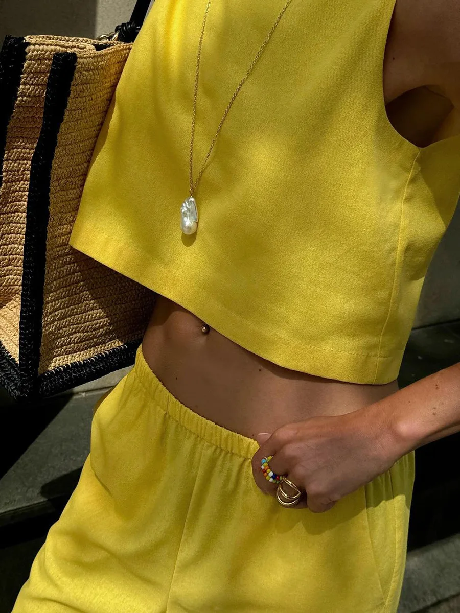 Linen Vest Suit Fashionable Round Neck Sleeveless Top And Side Slit Long Skirt Two Pieces Set Slim Casual Solid Color