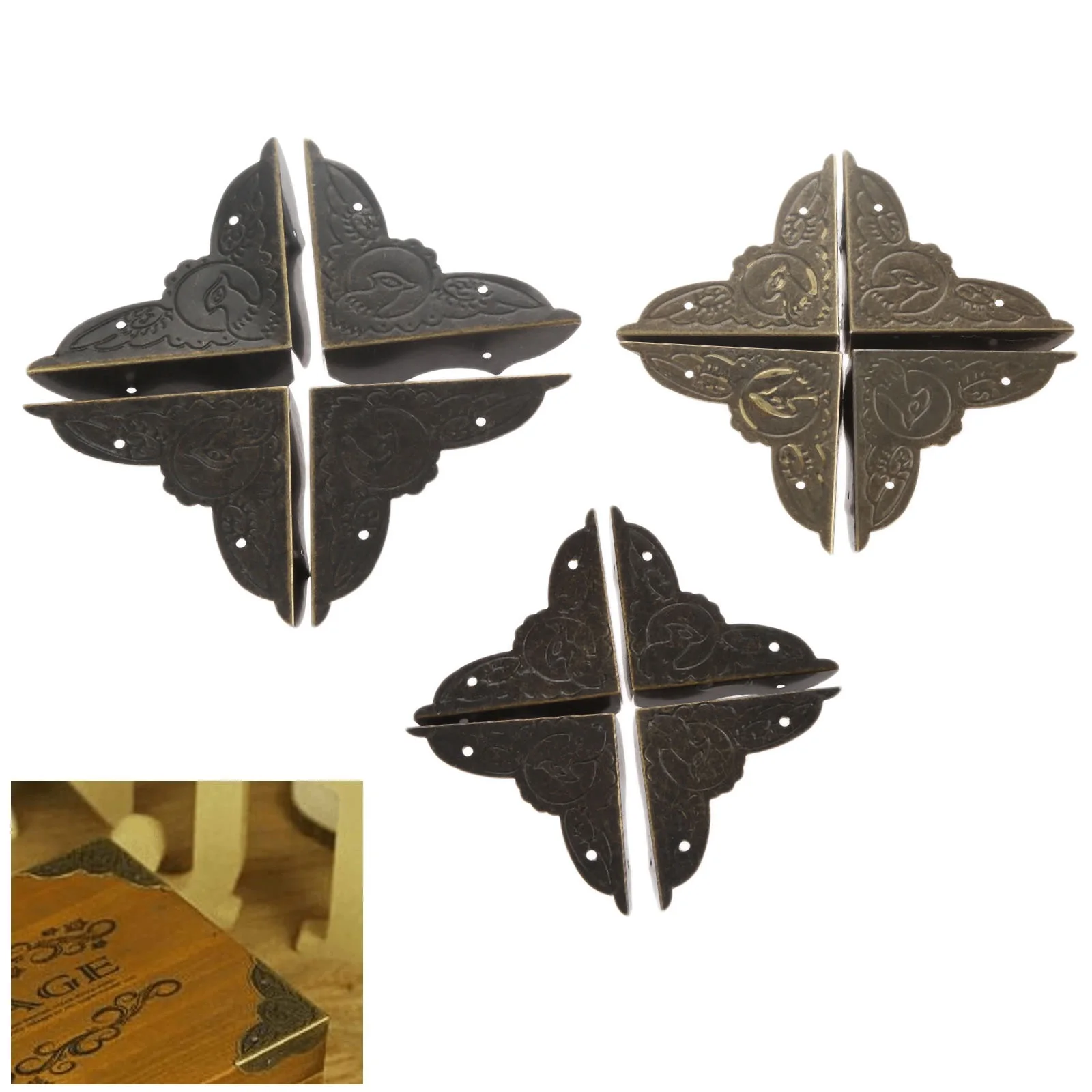 4Pcs Antique Bronze Decorative Metal Edge Corner Protector Cover 3-Sided with Nails for Table Jewelry Chest Wine Gift Wooden Box