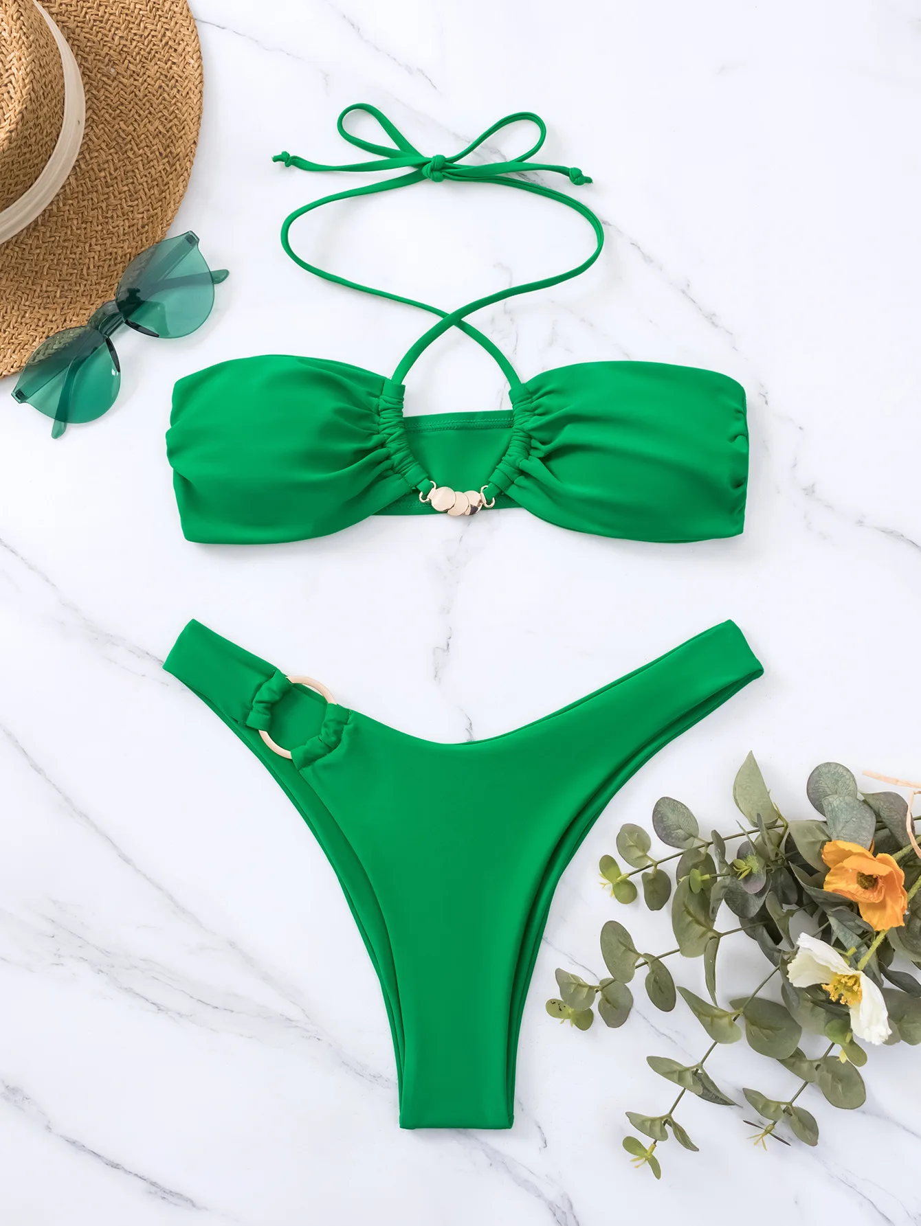 Sexy Green Halter Micro Bikinis Set Women 2023 Elastic Push Up Ring