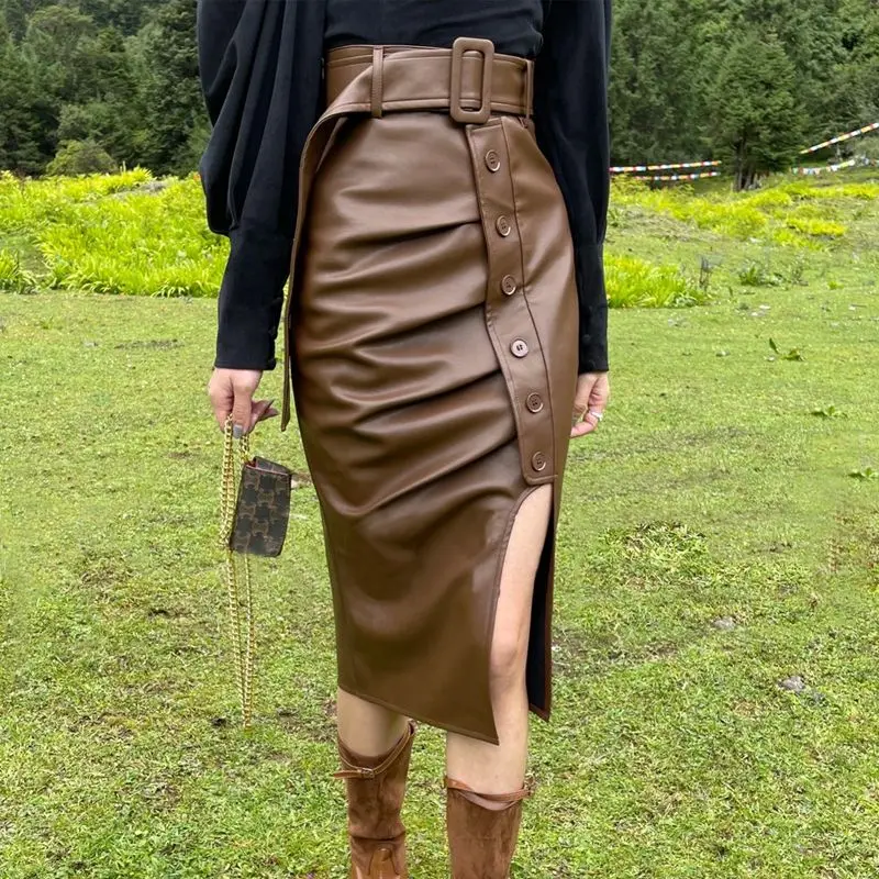 

2023 Single breasted Faux Leather Skirt Women High Waist Lady Pu Y2K Harajuku Midi Skirt Female Casual side split pencil Skirts