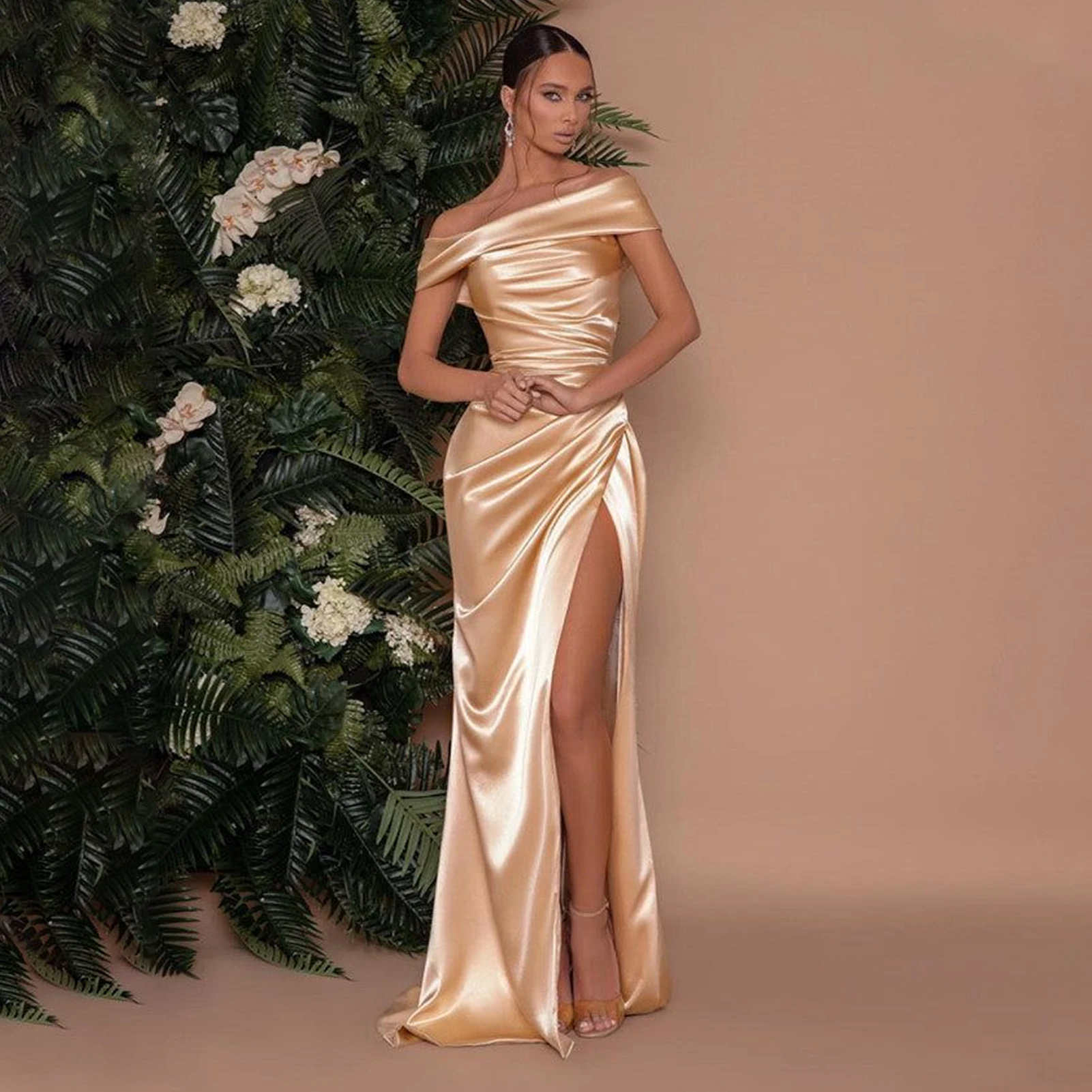 

Gorgeous Satin Mermaid Prom Party Dress Sexy Off-The-Shoulder High Side Slit 2023 Evening Dresses Vestido De Festa De Casamento