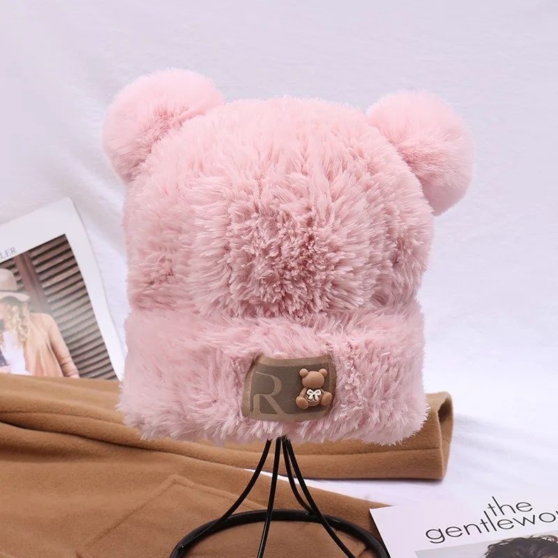 Hats Winter Knitted Hats Pile Hats Big Head Circumference Soft and Waxy Cute Bear Ears Plush Hat Autumn and Winter Warm Hat