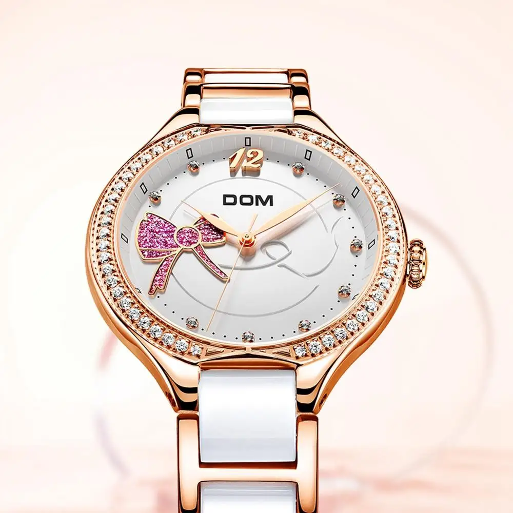 DOM Top Luxury Brand Ladies Quartz Watch Bracelet Ceramic Strap  Dress Geneva Quartz Clock Rose Gold Bow Luxury Ladies Watch