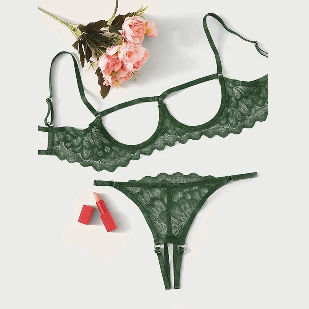 Women's Sexy Lingerie Sexy Two Piece Suit Hollow Panties Lace Underwear Open Crotch T-Back Set Hot Bikini Underpants