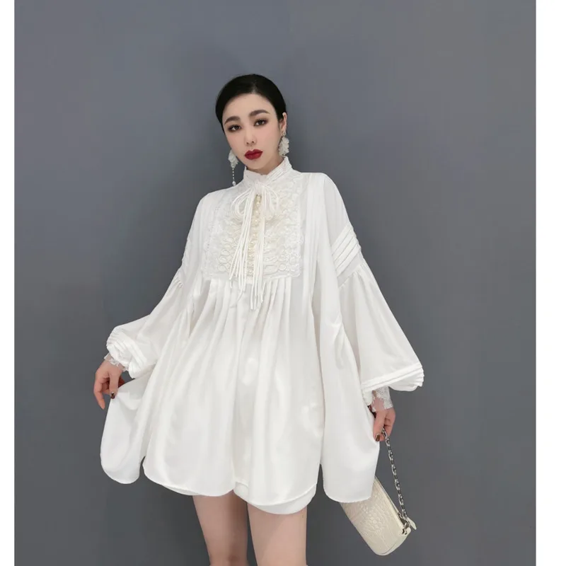 

Women Puff Sleeves Stand Collar Dress Loose Lace Splicing Bow Tie Solid Color Temperament Dress