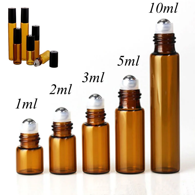 앰버 얇은 유리 롤 온 보틀 샘플 테스트 에센셜 오일 바이알, 롤러 금속 유리 볼, 팩 당 5 개, 1ml, 2ml, 3ml, 5ml, 10ml