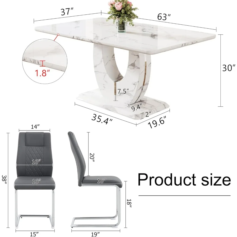 Dining Table Set for 6,Rectangula Kitchen Table Set Faux Marble Tabletop＆6 Pu Leather Upholstered Chairs Ideal , Kitchen Visit 6