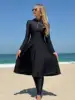 Elegant Black Women's Flesh-Covering Slimming Zipper Long-Sleeved Dress Pants Seaside Sun Protection Swimsuit Beach Suit