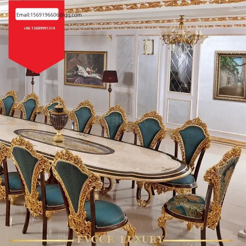 

Custom French palace solid wood dining tables and chairs oval carved gold foil European luxury villa furniture