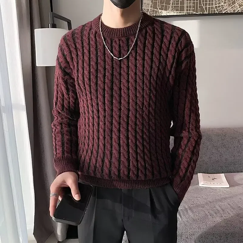 High Quality Striped Jacquard Sweater Men Winter Thicken Warm Round Neck Knit Pullover Casual Business Knitwear Tops Streetwear 4