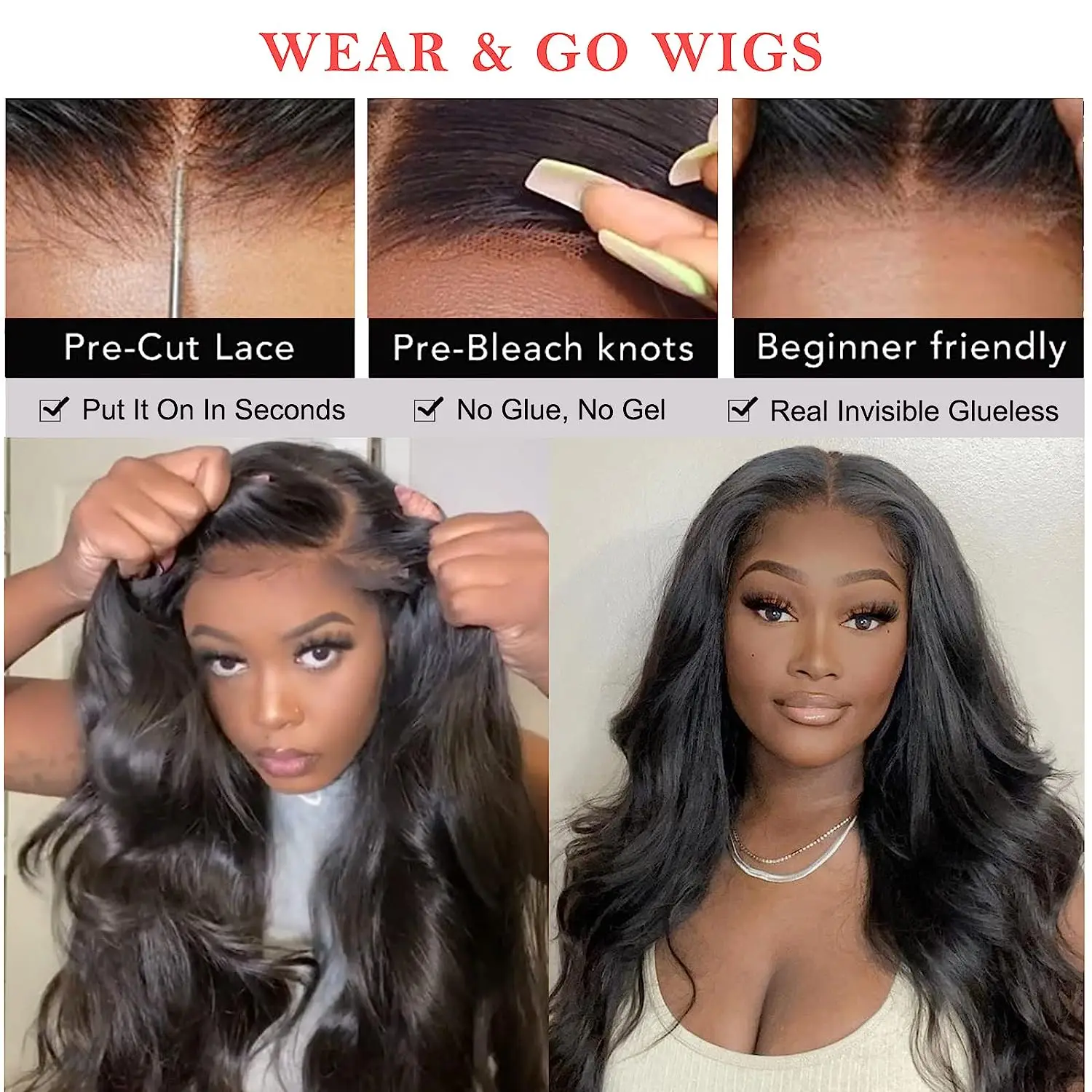 Peruca de cabelo humano Glueless Body Wave para mulheres, 4x4 prรฉ-cortado HD Lace Closure, pronto para usar, 4x4