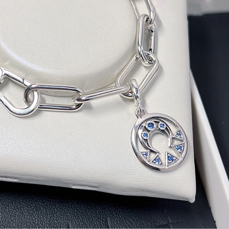 ME Electric Blue Ring 925 Sterling Silver Bead  Round Connector Charm Double fit Original Pandora Me Link Chain Bracelet Jewelry