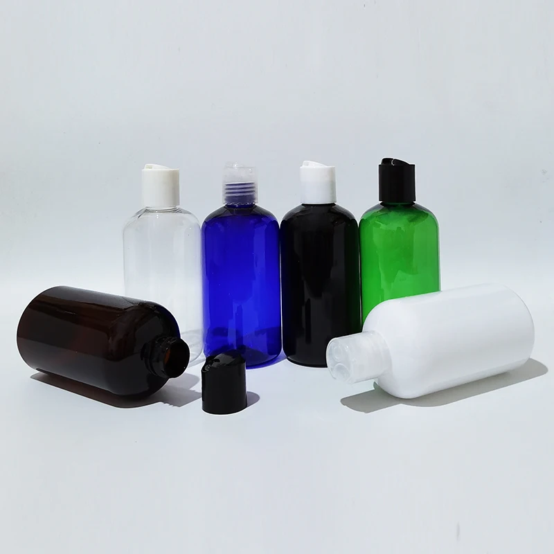 샴푸 샤워 젤 액체 비누 화장품 팩용 플라스틱 디스크 탑 캡이 있는 250ml 빈 플라스틱 병 리필 가능 여행 병