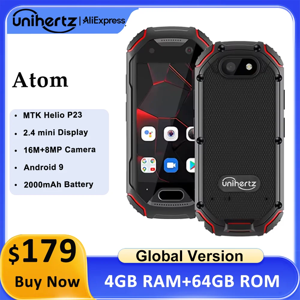 Unihertz-ATOM 월드 미니 견고한 스마트 폰, 4GB 64GB 안드로이드 9 옥타 코어 2.45 인치 잠금 해제 핸드폰 2000mAh NFC, 재고 있음