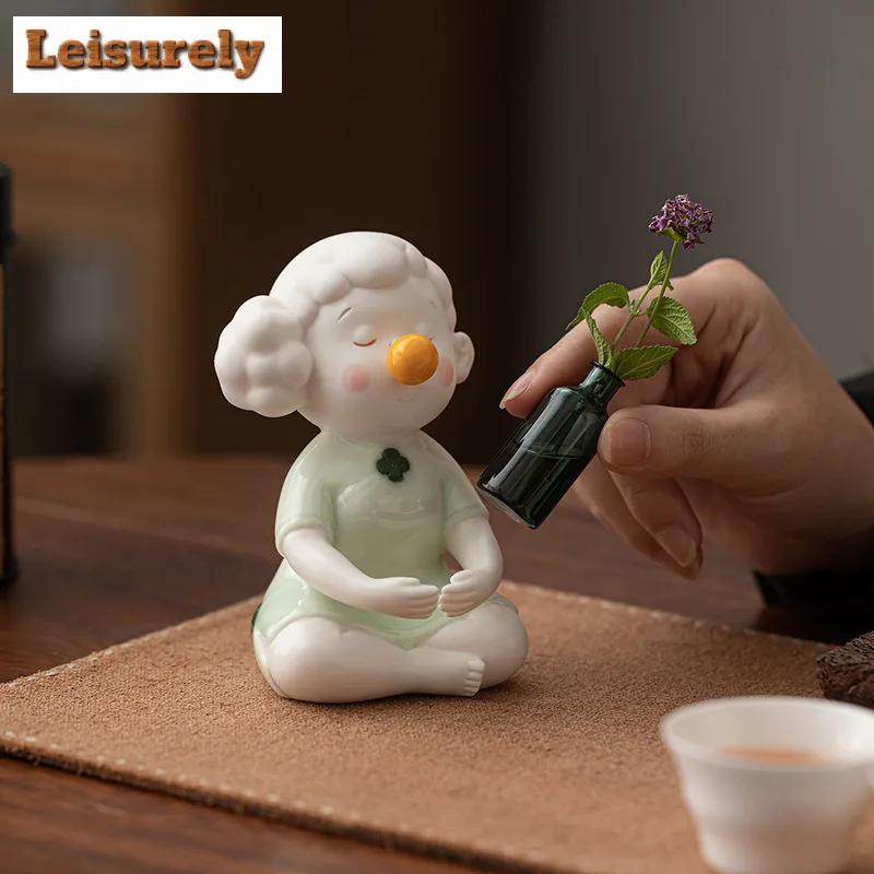 Cute Girl With Gold-stamped Fabric Cushion Tea Pet Aesthetic Flowerpot Landscaping Tea Figurine Play Toys Tea Statue Ornaments