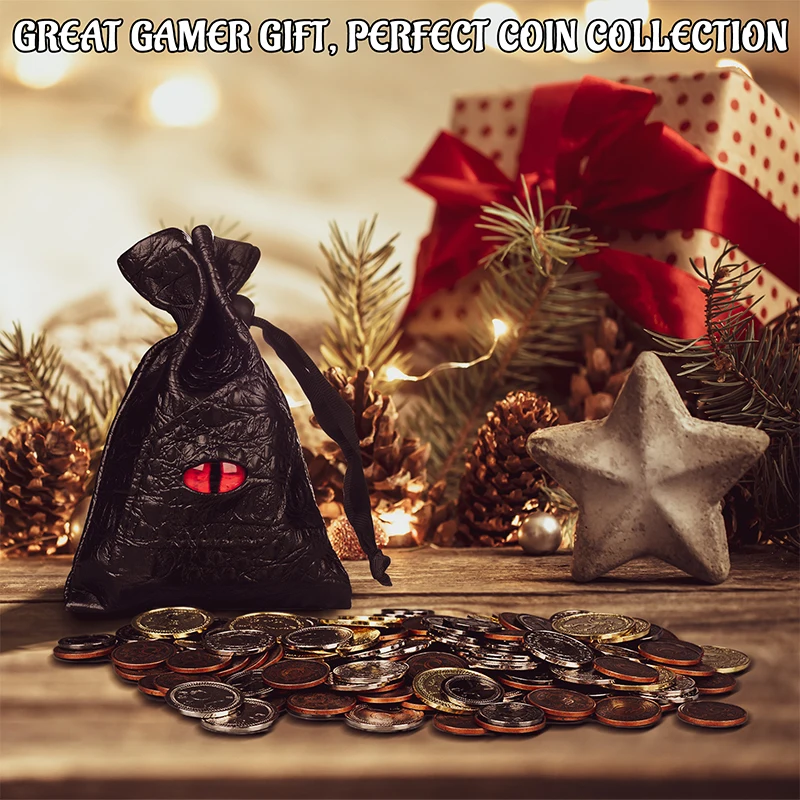 Set di 60 monete in metallo DND con custodia in pelle - gettoni da gioco, tesoro dei pirati, accessori e oggetti di scena per giochi da tavolo - immagine 6