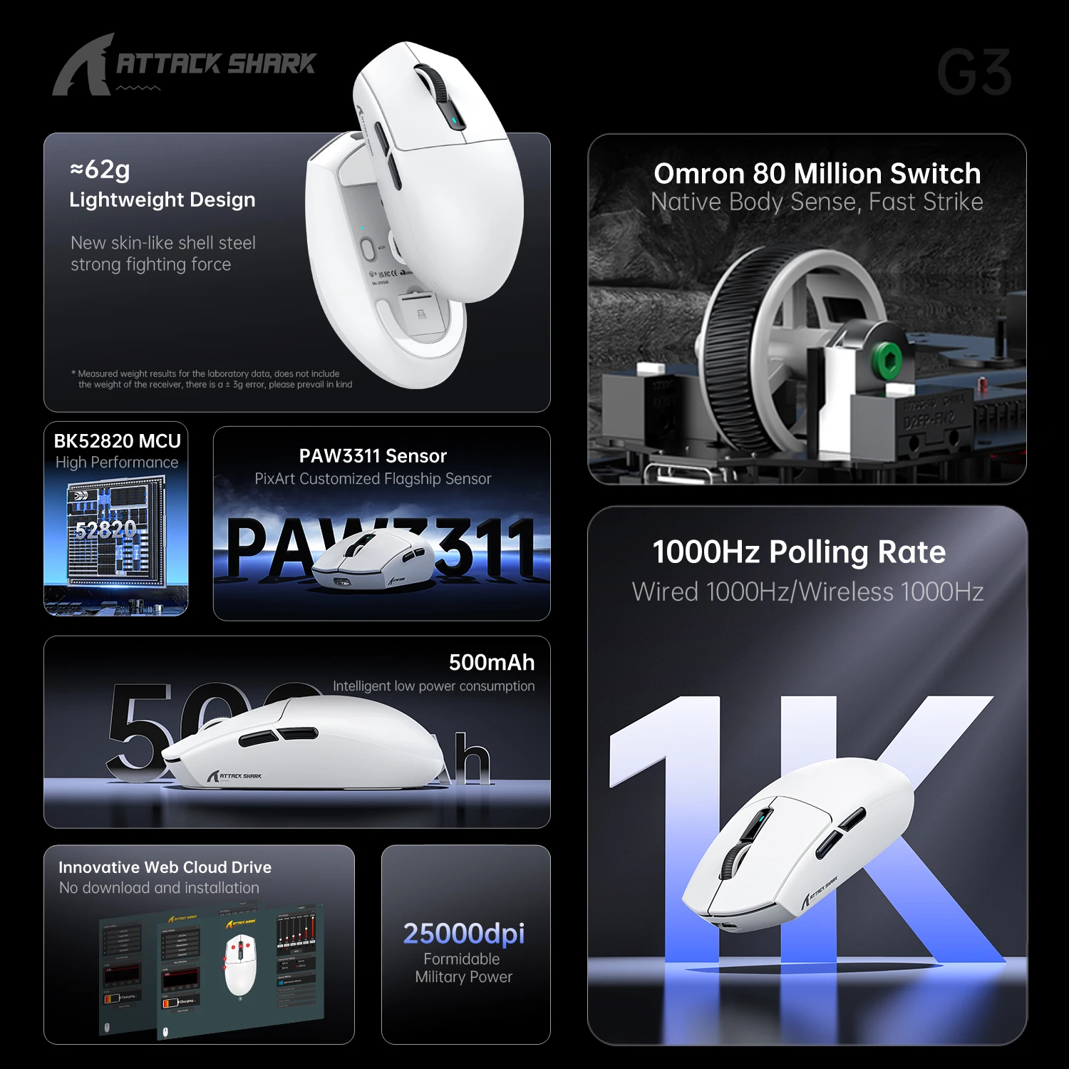 어택 샤크 G3 G3PRO 트라이 모드 무선 게이밍 마우스 경량 PAW3311 25000DPI 1KHz 블루투스 유선 대용량 배터리 FPS 마우스