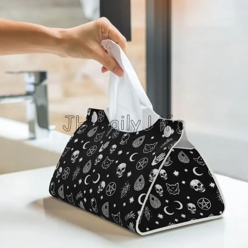 Gothic Skull Cat Moon Pattern Facial Tissue Box Cover Rectangular Waterproof PU Leather Tissue Holders for Home Office Car Decor 5