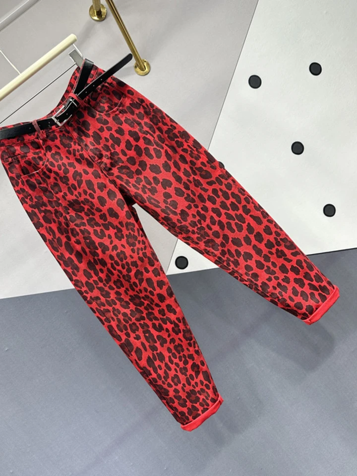 European Red Leopard Print Jeans for Women Autumn New Versatile