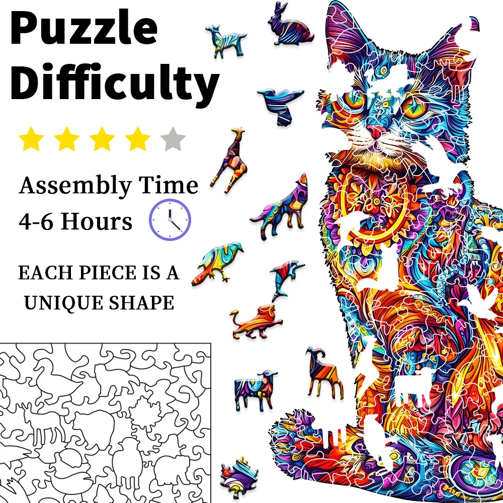 Wooden Puzzles for Adults, Cat Puzzles,Unique Animal Shape Wood Puzzle, Creative Puzzle Gifts for Family Friend,Jigsaw Puzzles