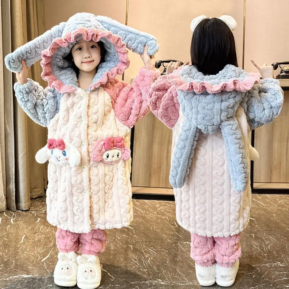 

Kawaii Sanrio My Melody Cinnamoroll Kuromi Girls Coral Velvet Nightgown Casual Loose Children's Autumn Winter Thickened Homewear