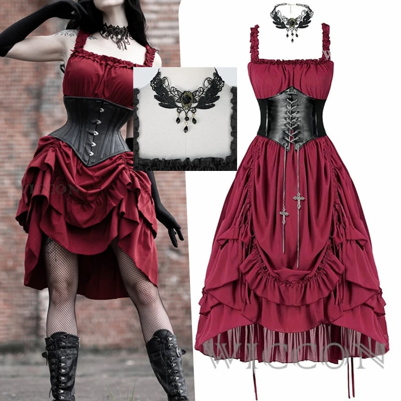

Medieval Women Victorian Cosplay Corset Women Vintage Gathered Dress Square Neck Waist Dresses Gothic Steampunk Skirt Dress