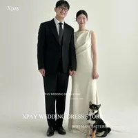 XPAY Simple O Neck Korea Wedding Dresses Sleeveless Elastic Satin Bride Photos Shoot Dress Custom Made Floor Garden Bridal Gown 1