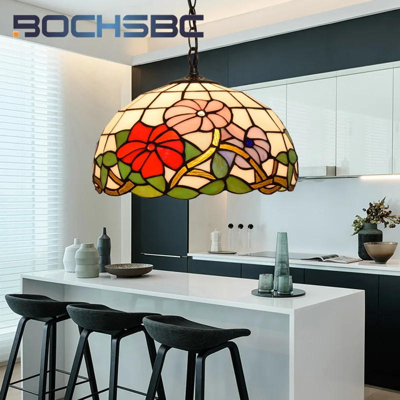 

BOCHSBC Tiffany stained glass Garden style Chandelier Art Deco Living Room Restaurant Hotel Morning glory festive pendant light