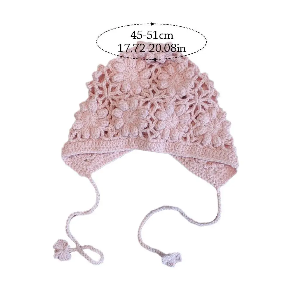 Breathable Handmade Knitted Hat Hollow Flower Crochet Skullies Hat Casual Versatile Princess Cap for Unisex Girls