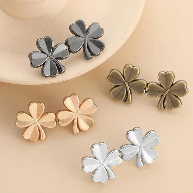 1Pair Four Leaf Clover Tightener Adjustable Waist Buckle For Jeans No Sewing Required Button Removable Pants Skirts