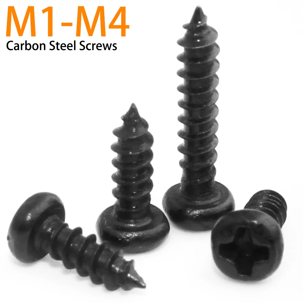 

100pcs/lot M1 M1.2 M1.4 M1.5 M1.7 M2 M2.3 M2.6 M3 M3.5 M4 Cross Round Head Phillips Self-tapping Screws Black Carbon Steel Screw