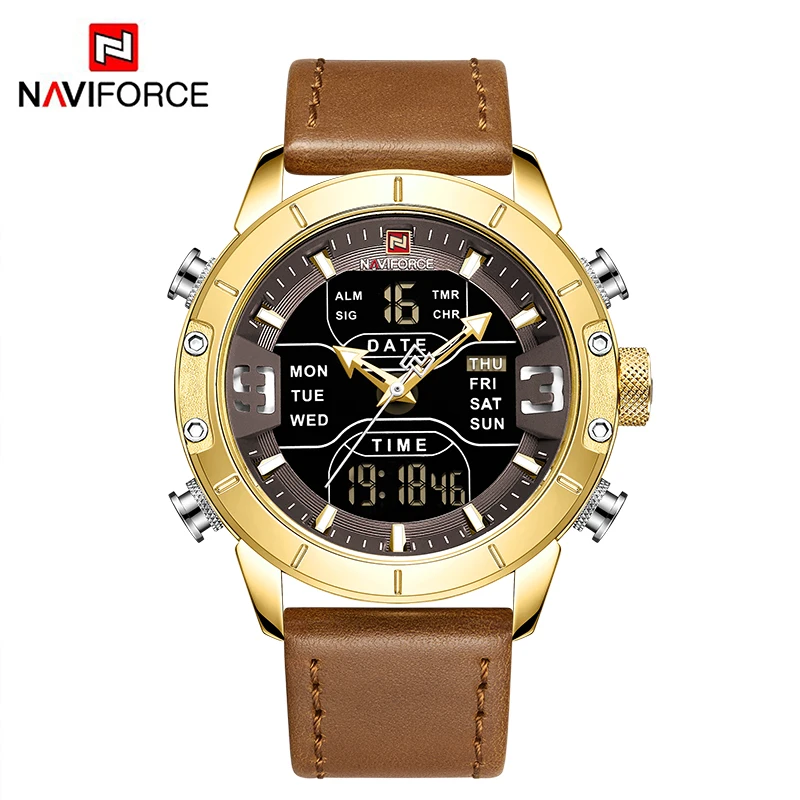 NAVIFORCE Quartz Watch Men Luxury Brand LED Digital Sport Waterproof Wrist watches Male Leather Strap Business Gold Watch Clock