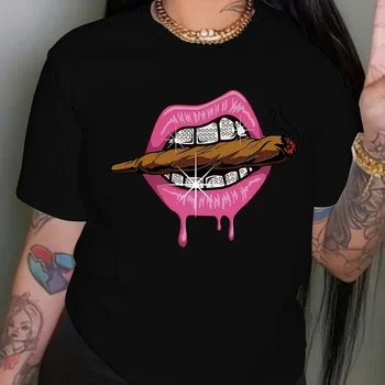 Lips Print T-shirt Casual Short Sleeve Crew Neck Top For Summer Women's Clothing Casual Clothes Summer Sport T Shirt Women 1