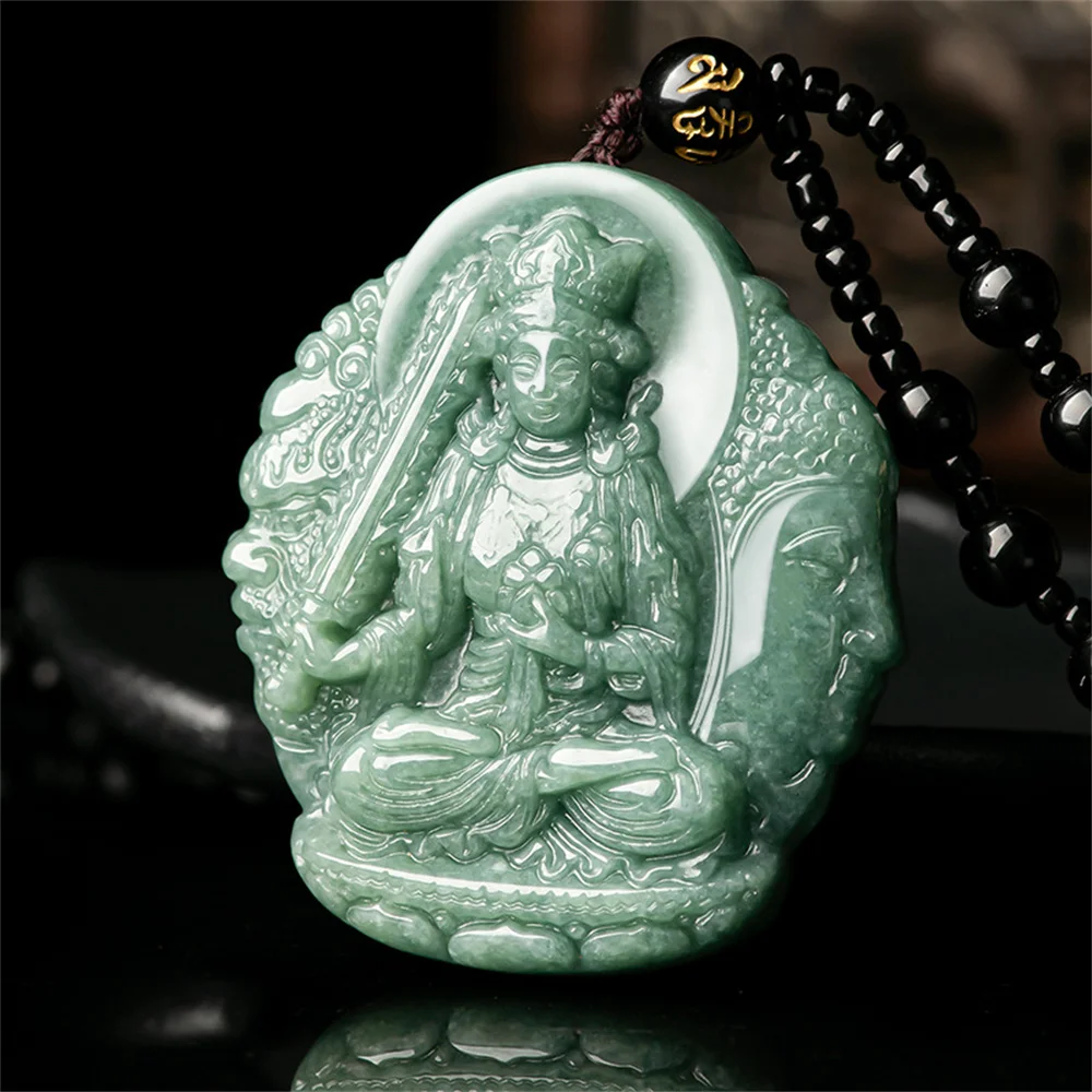 

Natural Green Jadeite Carved Ghost Buddha GuanYin Lucky Pendant Amulet Necklace Certificate Luxury Jade Vintage Gift Jewelry