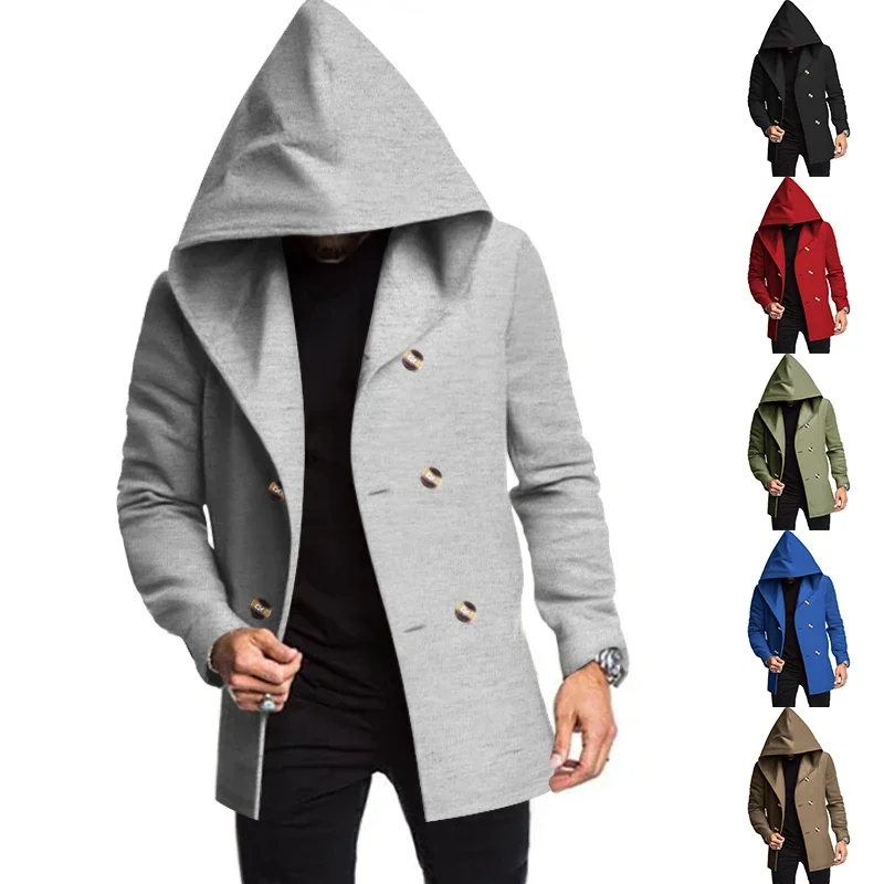 Men's Windbreaker Spring and Autum Double Row Solid Color Casual Men's Mid-Length Outwear Jacket